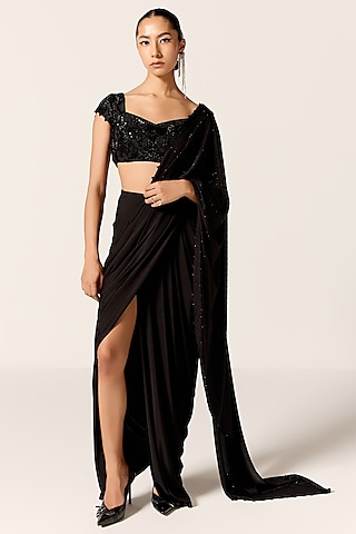 Black Butter Lycra Draped Slit Saree Set by Manika Nanda