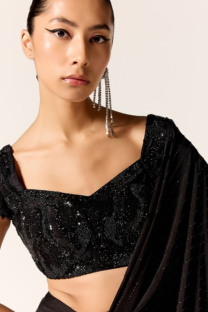 Black Butter Lycra Draped Slit Wedding Saree Set by Manika Nanda at Pernia's Pop Up Shop