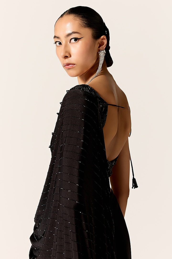 Black Butter Lycra Draped Slit Wedding Saree Set by Manika Nanda at Pernia's Pop Up Shop