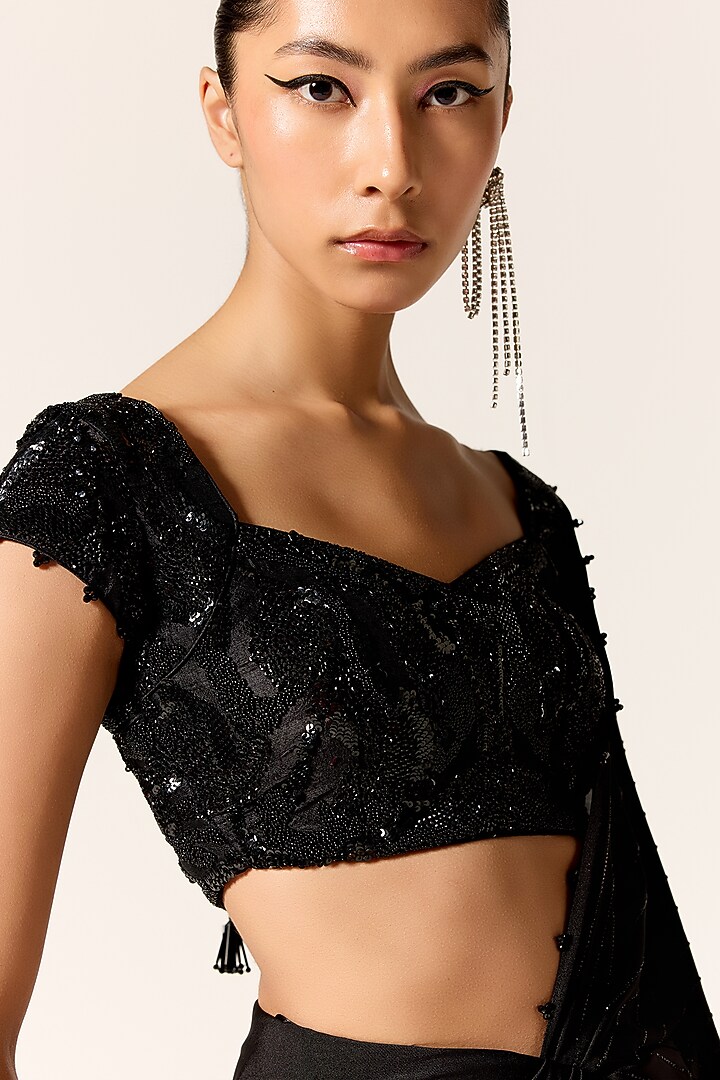 Black Butter Lycra Draped Slit Wedding Saree Set by Manika Nanda at Pernia's Pop Up Shop