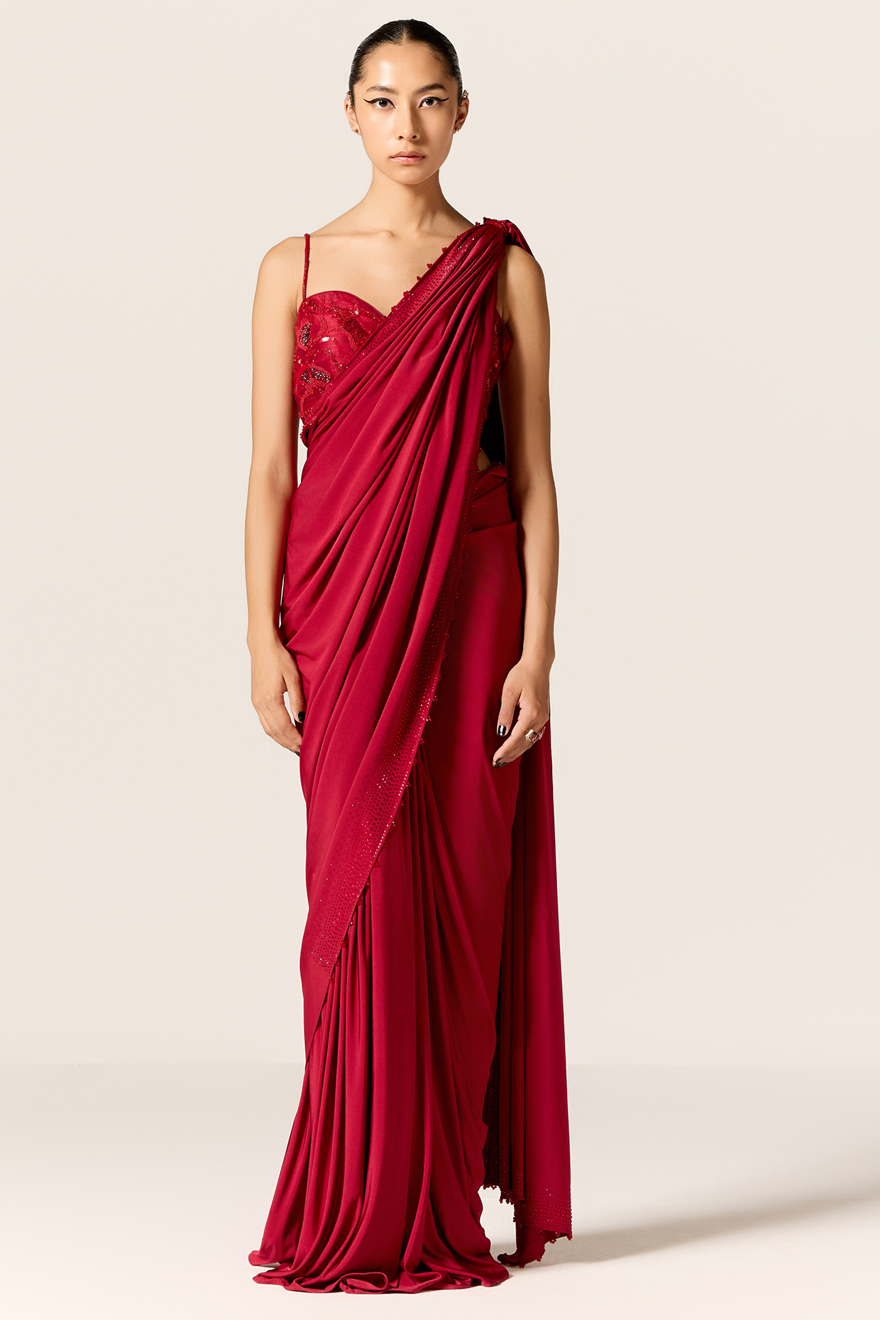 Deep Red Butter Lycra Beads Work Draped Wedding Saree Set by Manika Nanda at Pernia's Pop Up Shop