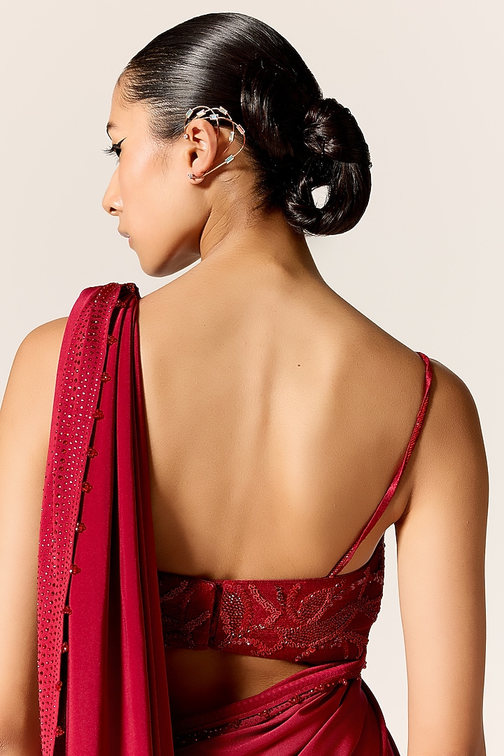 Deep Red Butter Lycra Beads Work Draped Wedding Saree Set by Manika Nanda at Pernia's Pop Up Shop