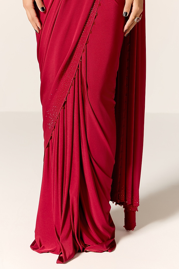 Deep Red Butter Lycra Beads Work Draped Wedding Saree Set by Manika Nanda at Pernia's Pop Up Shop