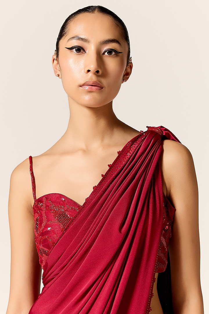 Deep Red Butter Lycra Beads Work Draped Wedding Saree Set by Manika Nanda at Pernia's Pop Up Shop