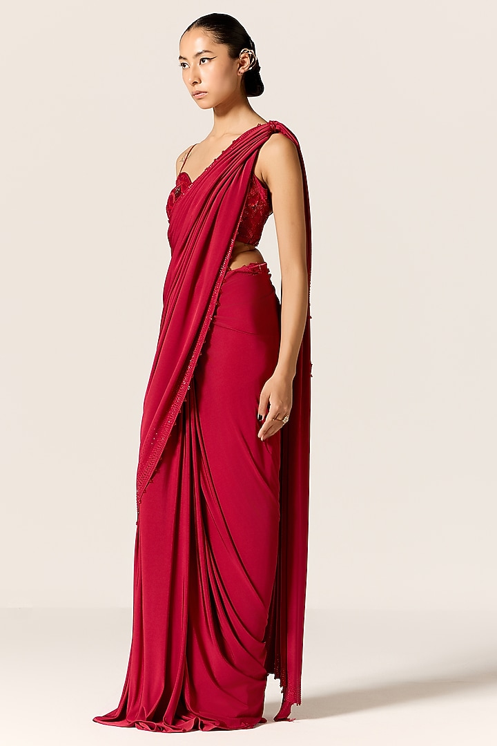 Deep Red Butter Lycra Beads Work Draped Wedding Saree Set by Manika Nanda at Pernia's Pop Up Shop