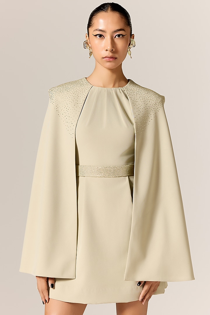 Sage Green Crepe Spandex Cape Blazer Vacation Dress by Manika Nanda at Pernia's Pop Up Shop
