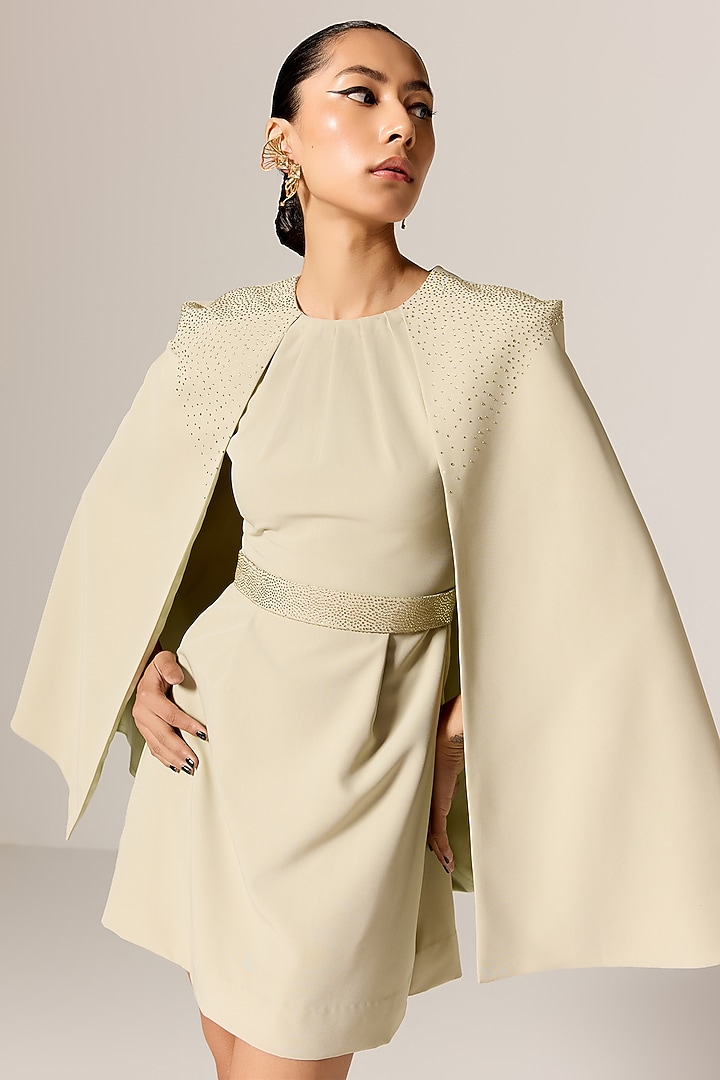 Sage Green Crepe Spandex Cape Blazer Vacation Dress by Manika Nanda at Pernia's Pop Up Shop