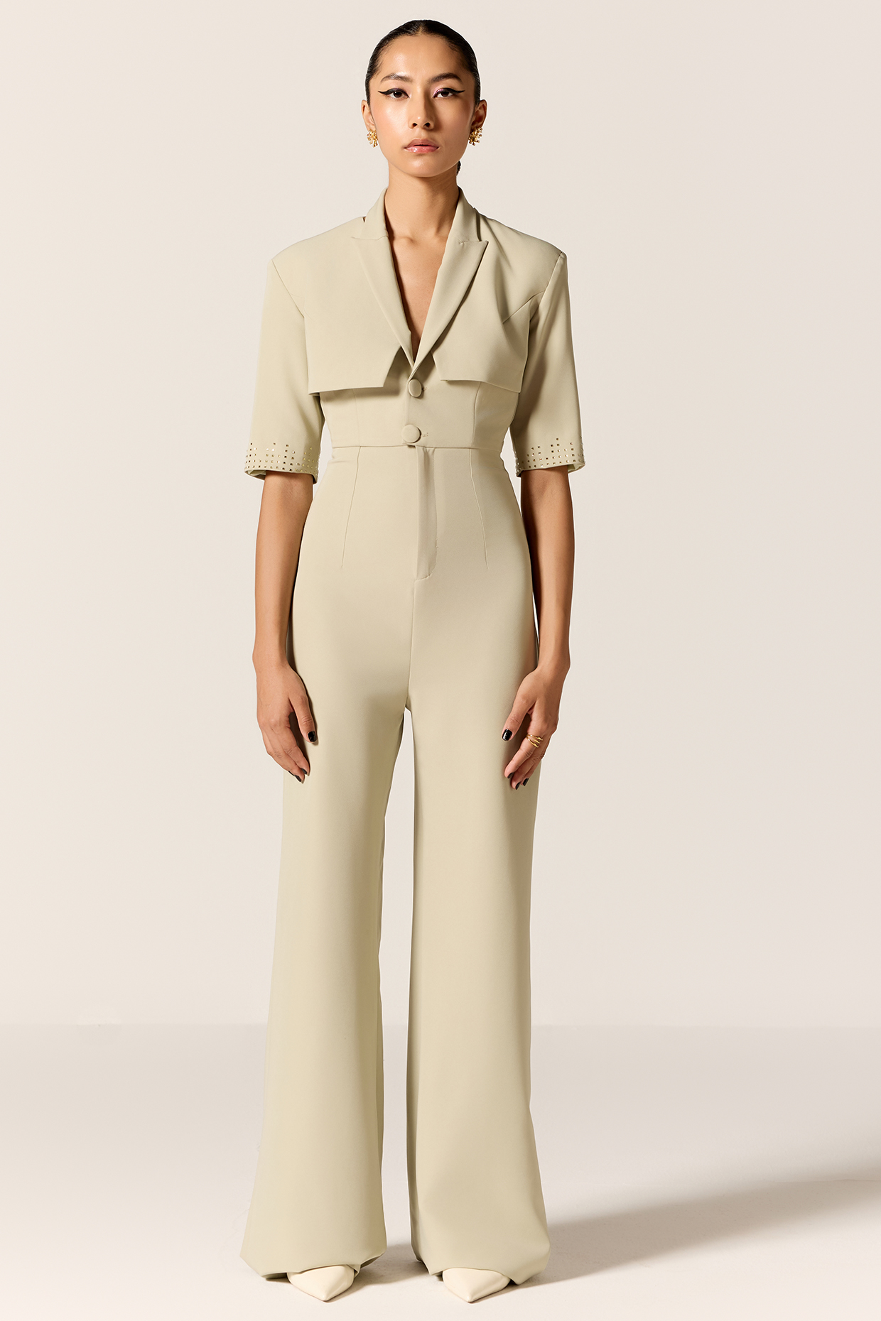 Sage Green Crepe Spandex Halter Jumpsuit With Jacket by Manika Nanda at Pernia's Pop Up Shop