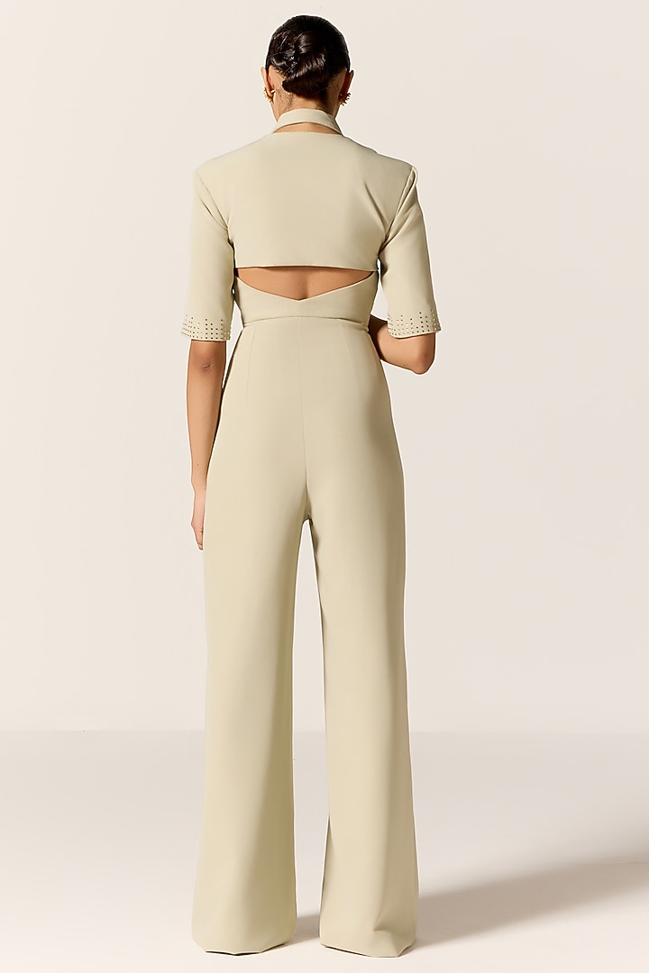 Sage Green Crepe Spandex Halter Jumpsuit With Jacket by Manika Nanda at Pernia's Pop Up Shop
