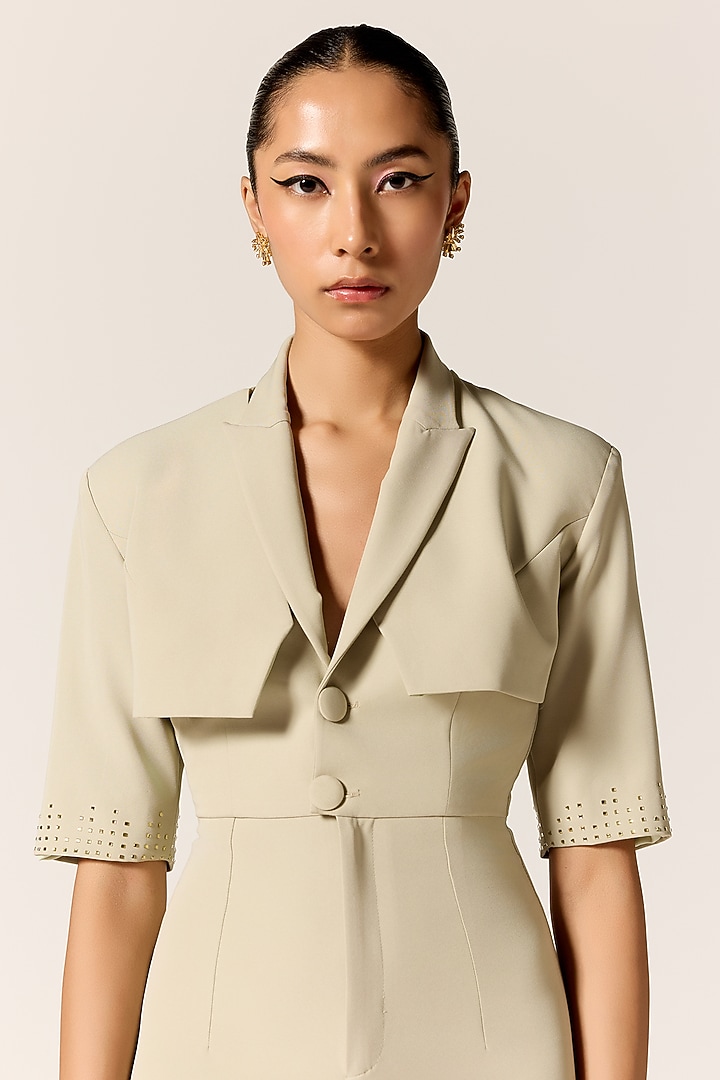 Sage Green Crepe Spandex Halter Jumpsuit With Jacket by Manika Nanda at Pernia's Pop Up Shop