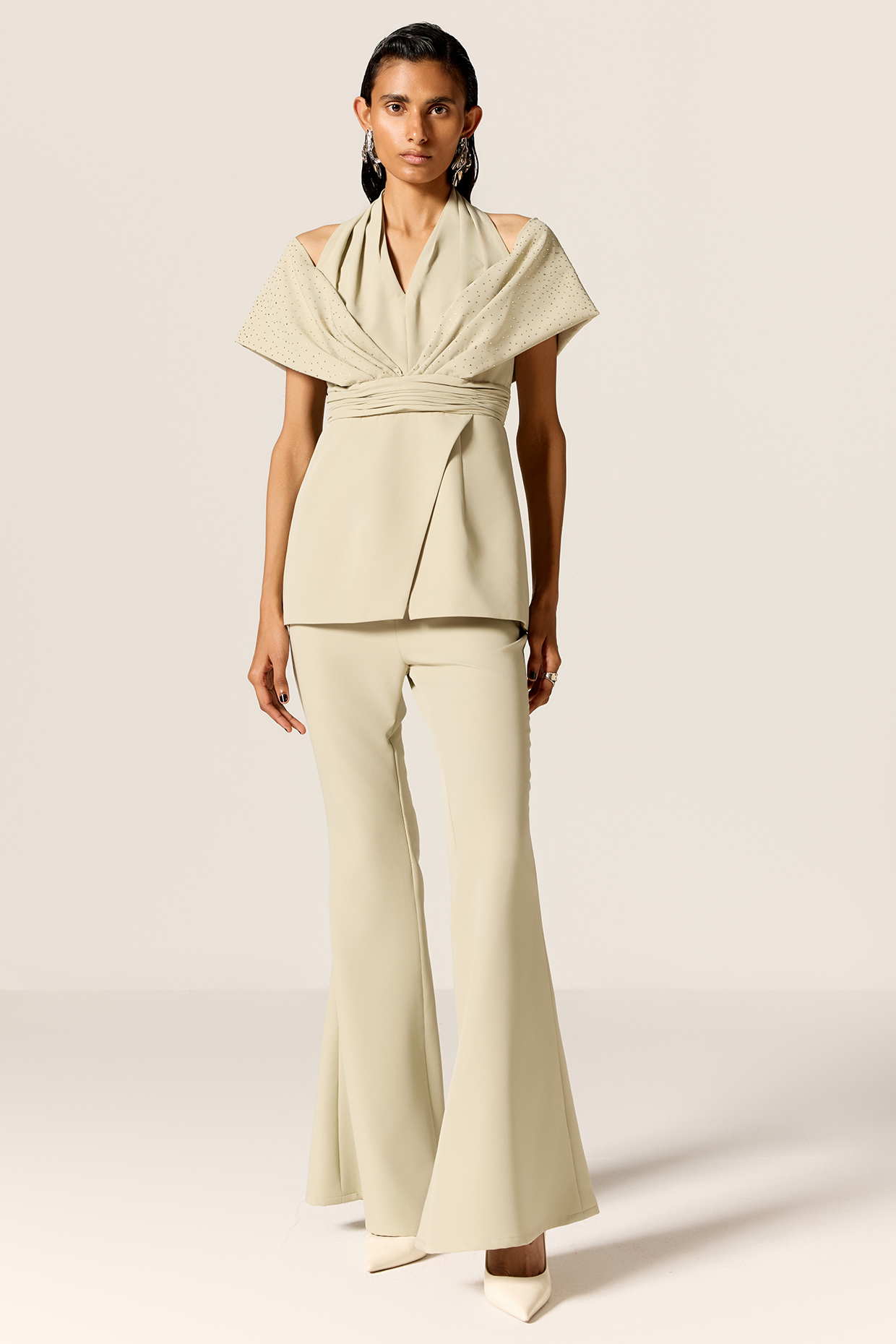 Sage Green Crepe Spandex Off-Shoulder Co-Ord Set by Manika Nanda at Pernia's Pop Up Shop