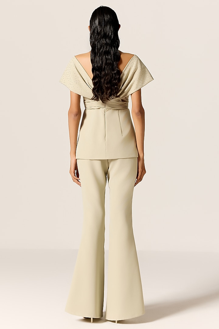 Sage Green Crepe Spandex Off-Shoulder Co-Ord Set by Manika Nanda at Pernia's Pop Up Shop