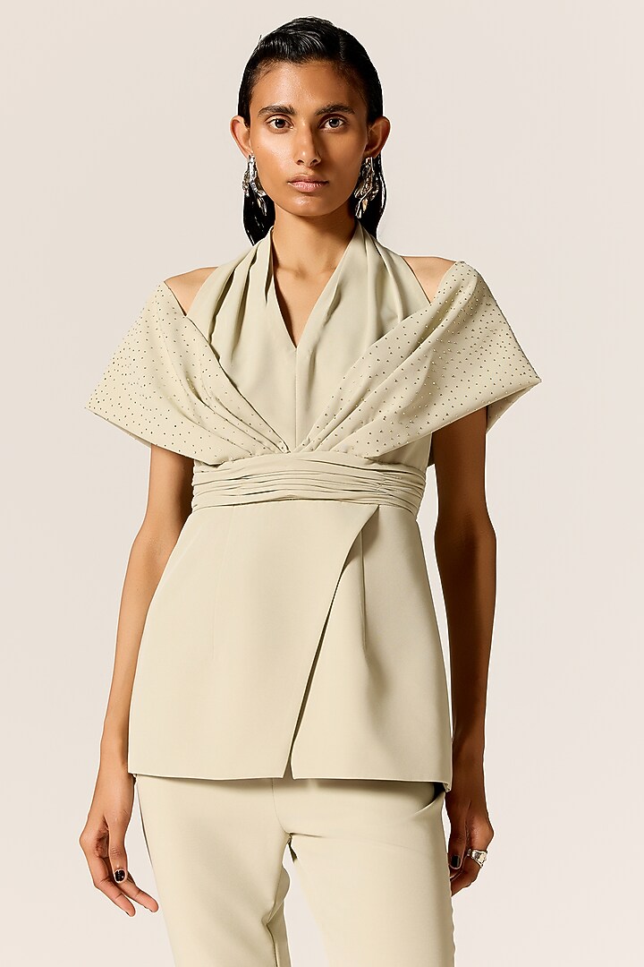 Sage Green Crepe Spandex Off-Shoulder Co-Ord Set by Manika Nanda at Pernia's Pop Up Shop