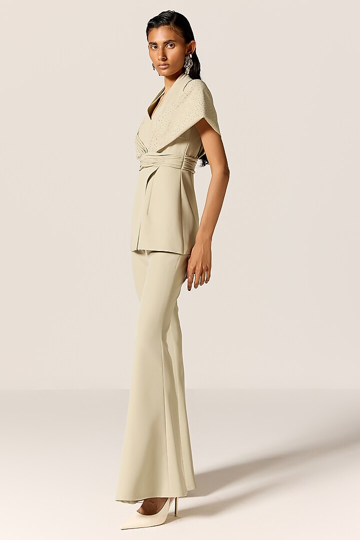 Sage Green Crepe Spandex Off-Shoulder Co-Ord Set by Manika Nanda at Pernia's Pop Up Shop