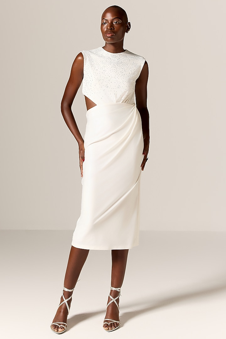 Ivory Lycra Spandex Draped Midi Vacation Dress by Manika Nanda at Pernia's Pop Up Shop