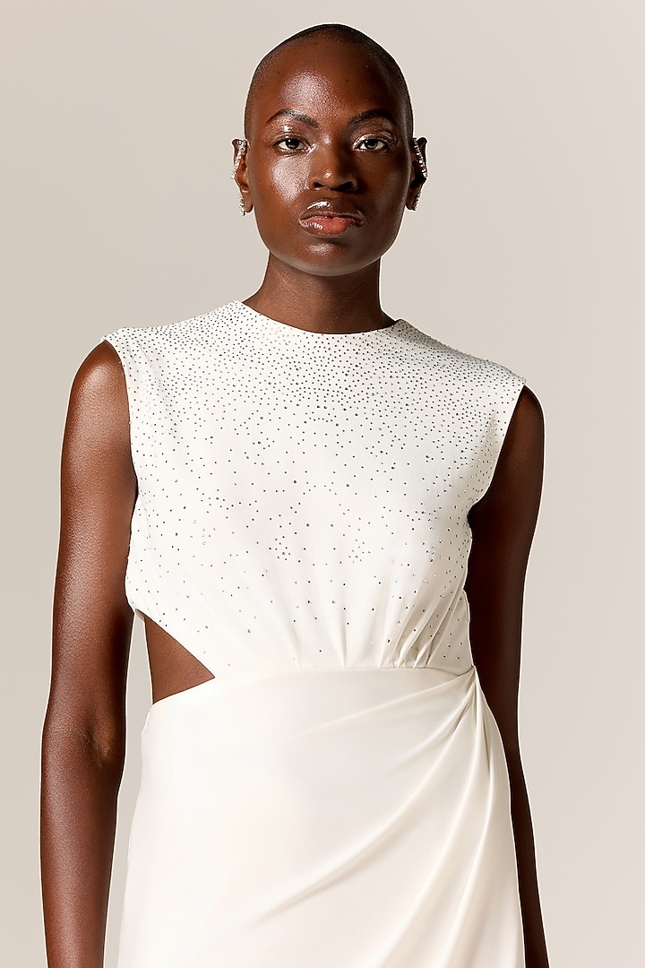 Ivory Lycra Spandex Draped Midi Vacation Dress by Manika Nanda at Pernia's Pop Up Shop
