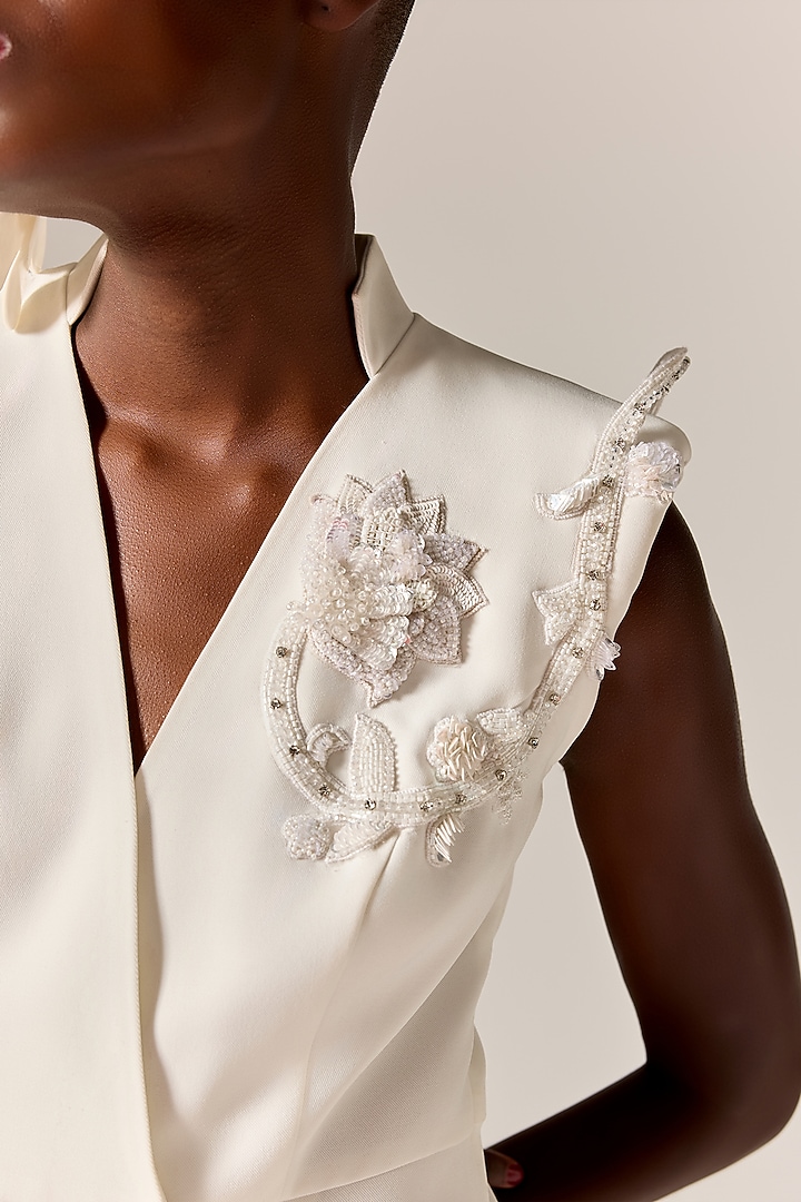 Ivory Crepe Twill 3D Hand Embroidered Overlap Blazer Vacation Dress by Manika Nanda at Pernia's Pop Up Shop