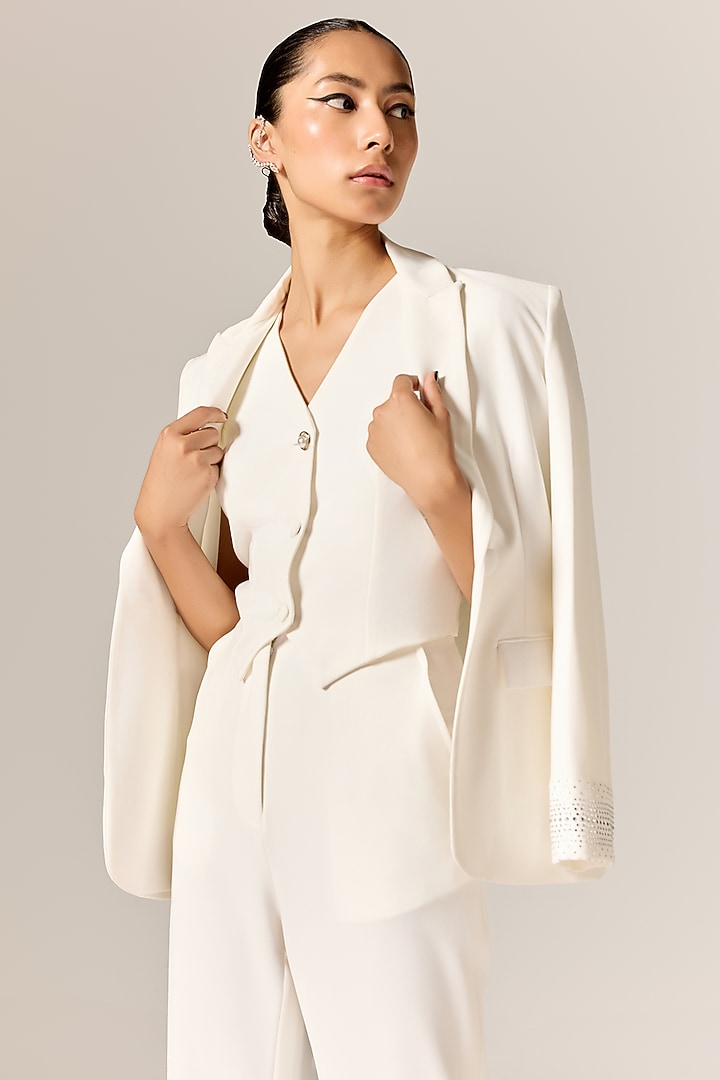 Ivory Crepe Twill Blazer Set by Manika Nanda at Pernia's Pop Up Shop