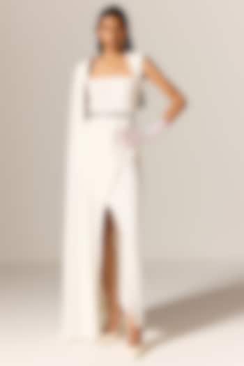 Ivory Crepe Twill High-Slit Cape Engagement Gown by Manika Nanda at Pernia's Pop Up Shop