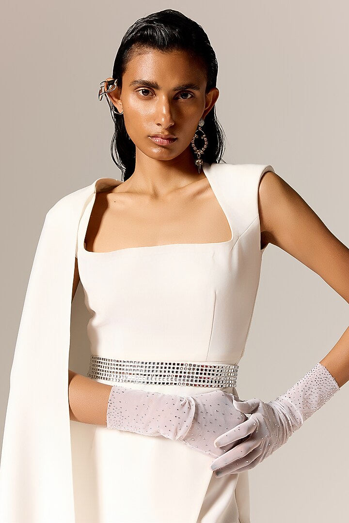 Ivory Crepe Twill High-Slit Cape Engagement Gown by Manika Nanda at Pernia's Pop Up Shop