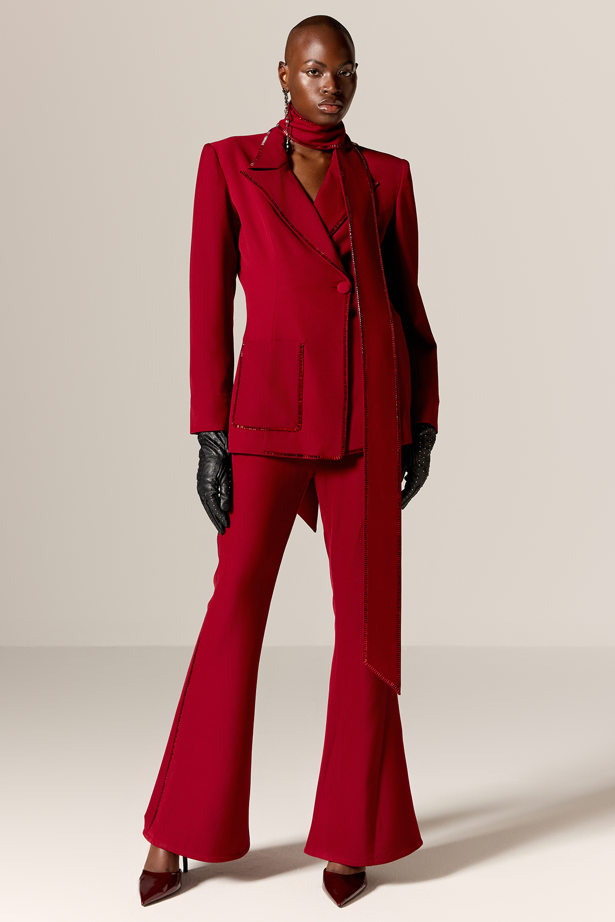 Deep Red Crepe Twill Blazer Set by Manika Nanda at Pernia's Pop Up Shop