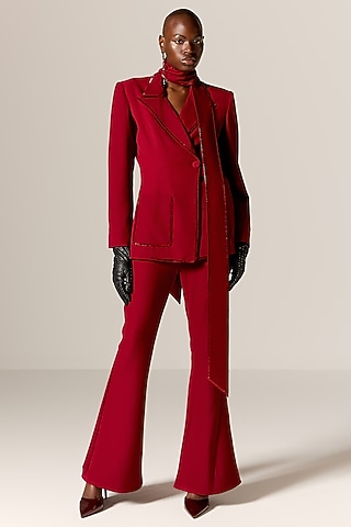 Deep Red Crepe Twill Blazer Set by Manika Nanda
