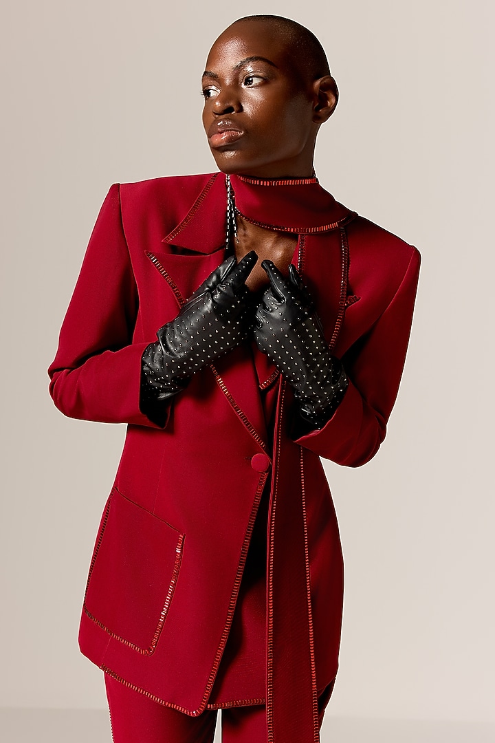 Deep Red Crepe Twill Blazer Set by Manika Nanda at Pernia's Pop Up Shop
