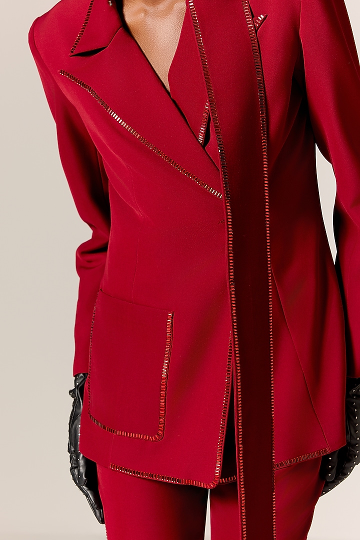 Deep Red Crepe Twill Blazer Set by Manika Nanda at Pernia's Pop Up Shop