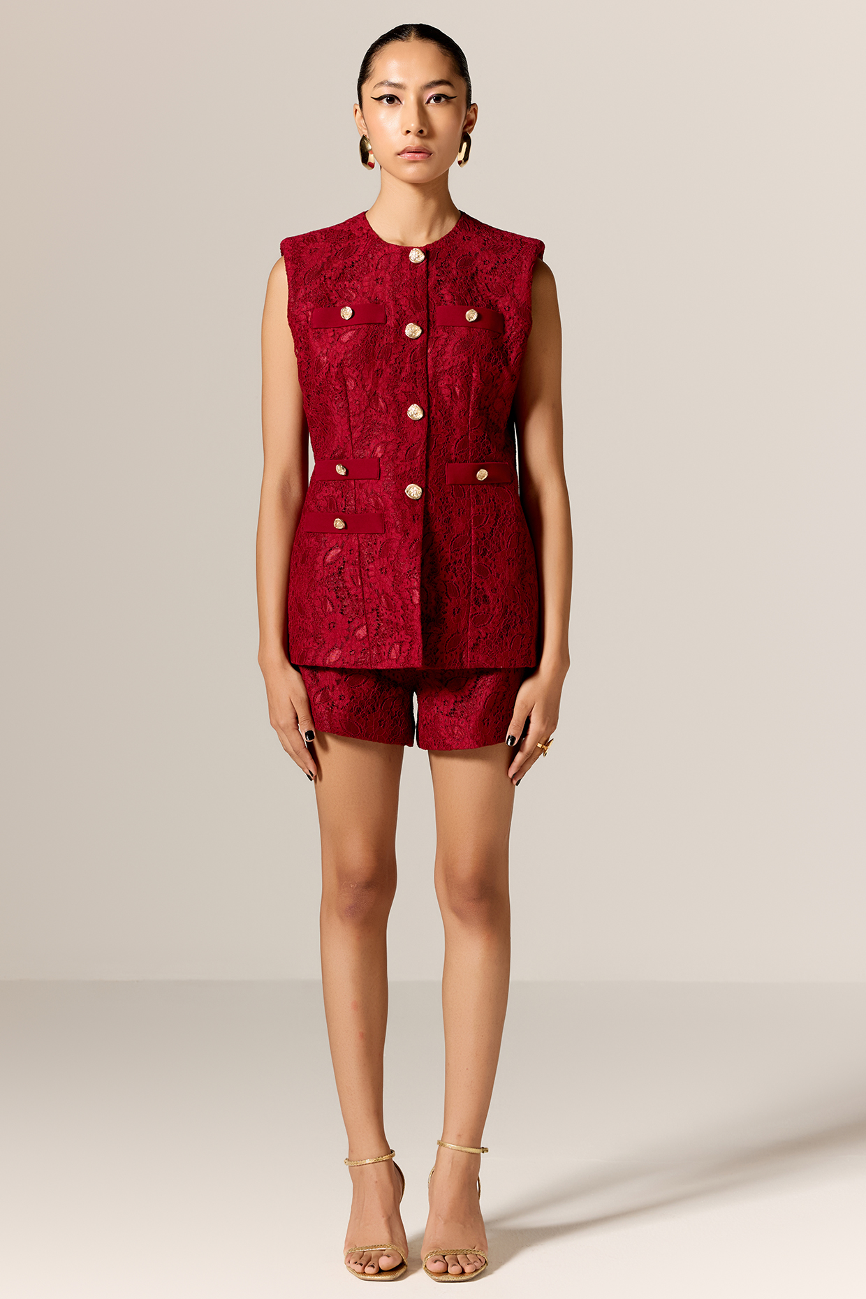 Deep Red Crepe Twill Waistcoat Set by Manika Nanda at Pernia's Pop Up Shop