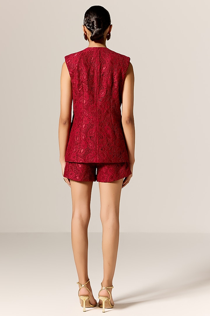 Deep Red Crepe Twill Waistcoat Set by Manika Nanda at Pernia's Pop Up Shop