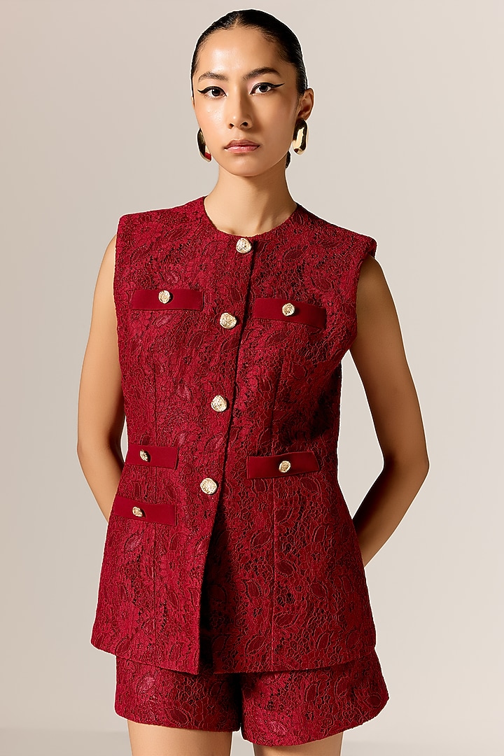 Deep Red Crepe Twill Waistcoat Set by Manika Nanda at Pernia's Pop Up Shop