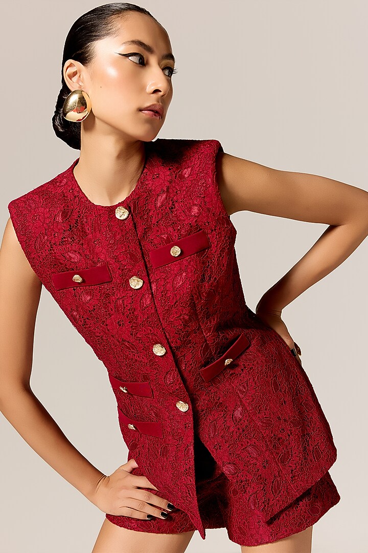 Deep Red Crepe Twill Waistcoat Set by Manika Nanda at Pernia's Pop Up Shop