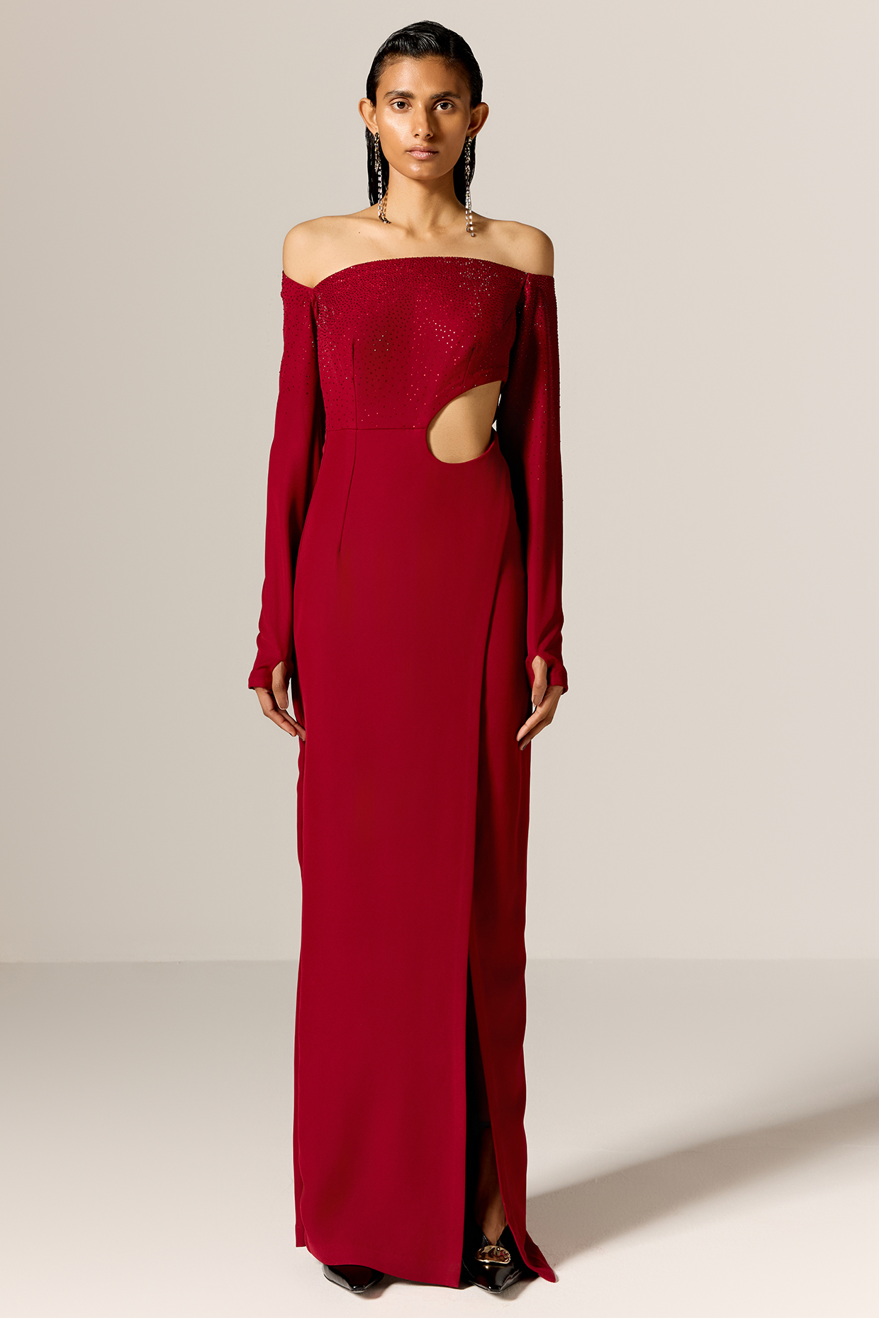 Deep Red Crepe Twill Off-Shoulder High-Slit Engagement Gown by Manika Nanda at Pernia's Pop Up Shop