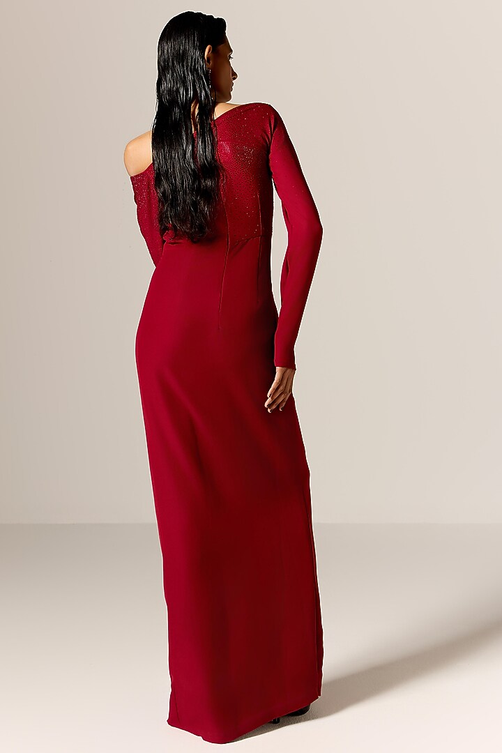 Deep Red Crepe Twill Off-Shoulder High-Slit Engagement Gown by Manika Nanda at Pernia's Pop Up Shop