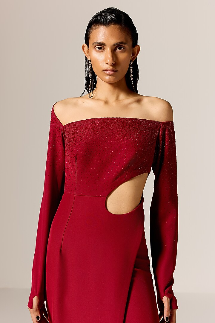 Deep Red Crepe Twill Off-Shoulder High-Slit Engagement Gown by Manika Nanda at Pernia's Pop Up Shop