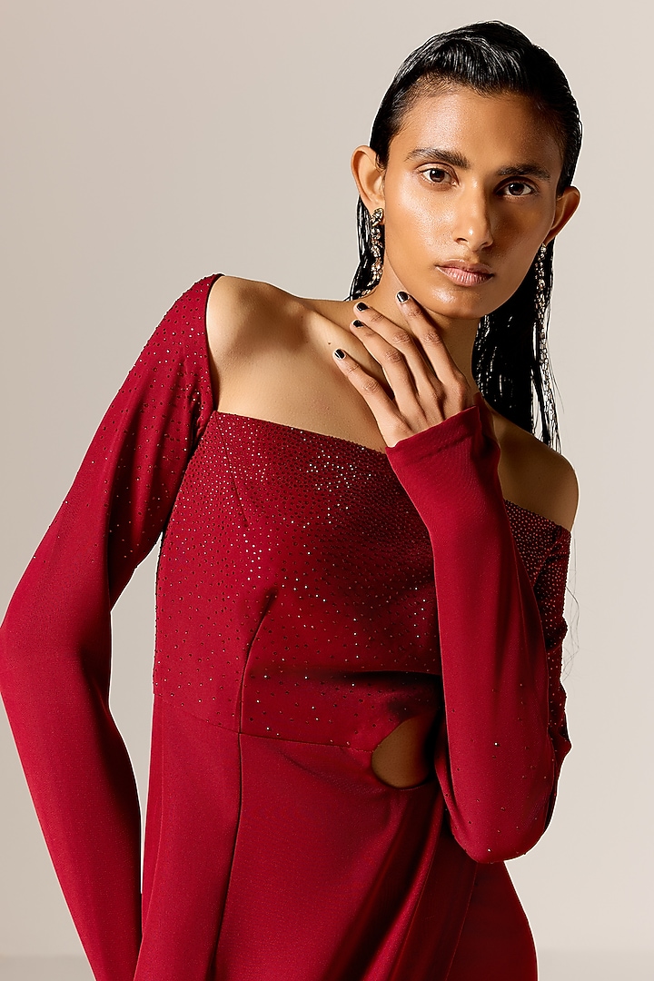 Deep Red Crepe Twill Off-Shoulder High-Slit Engagement Gown by Manika Nanda at Pernia's Pop Up Shop