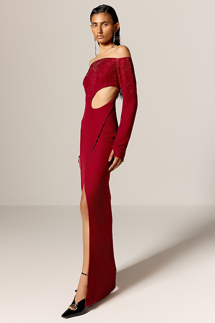 Deep Red Crepe Twill Off-Shoulder High-Slit Engagement Gown by Manika Nanda at Pernia's Pop Up Shop