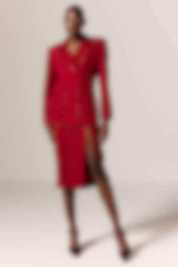 Deep Red Crepe Twill Blazer Cocktail Dress by Manika Nanda at Pernia's Pop Up Shop