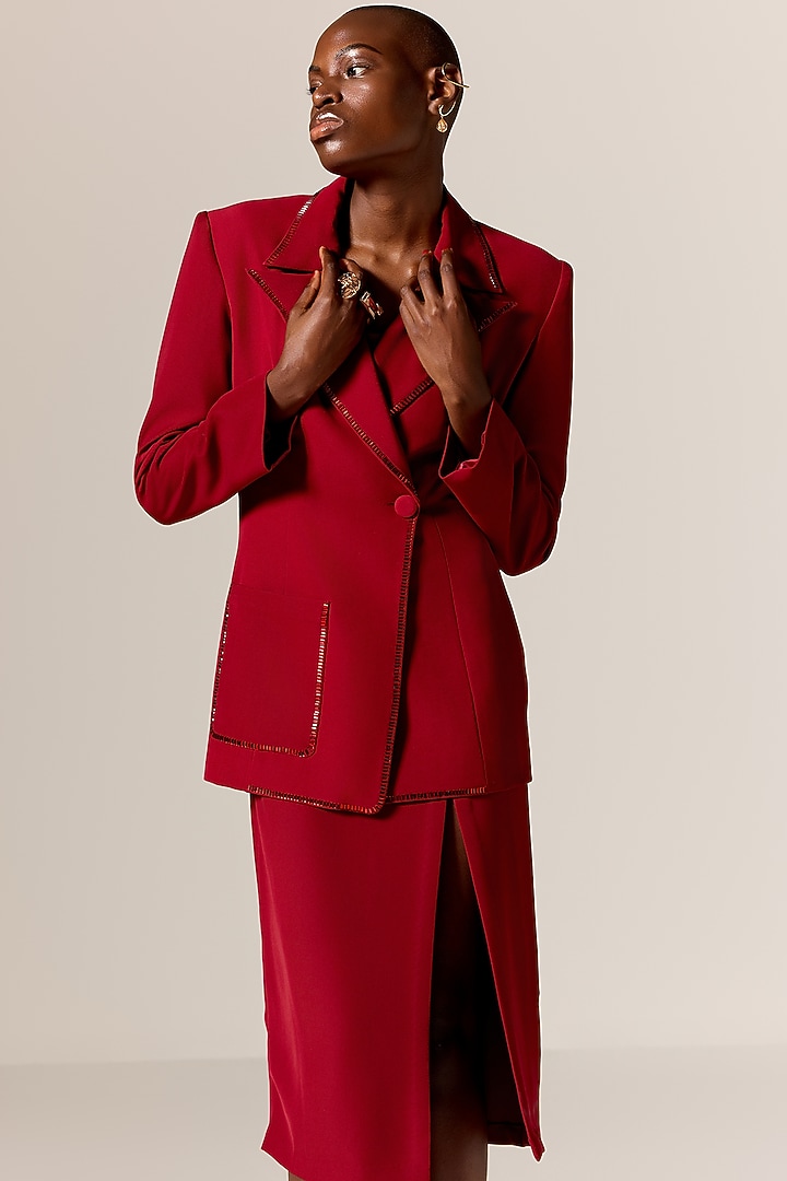 Deep Red Crepe Twill Blazer Cocktail Dress by Manika Nanda at Pernia's Pop Up Shop