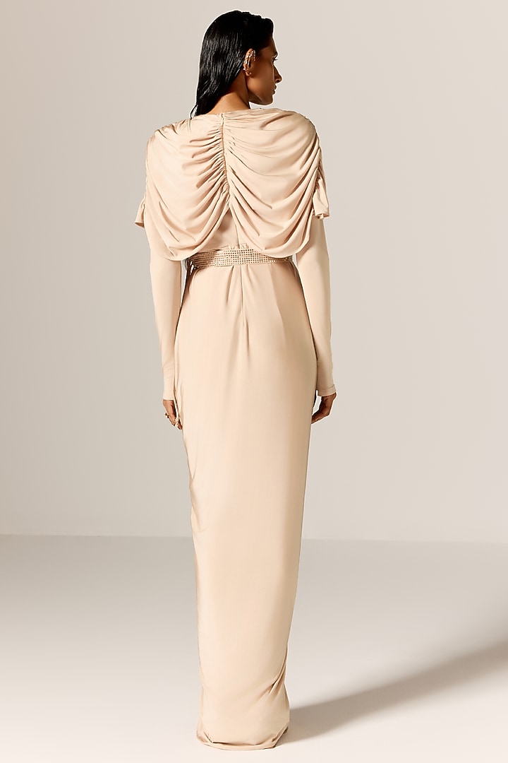 Pale Beige Butter Lycra Draped Cape Engagement Gown With Belt by Manika Nanda at Pernia's Pop Up Shop