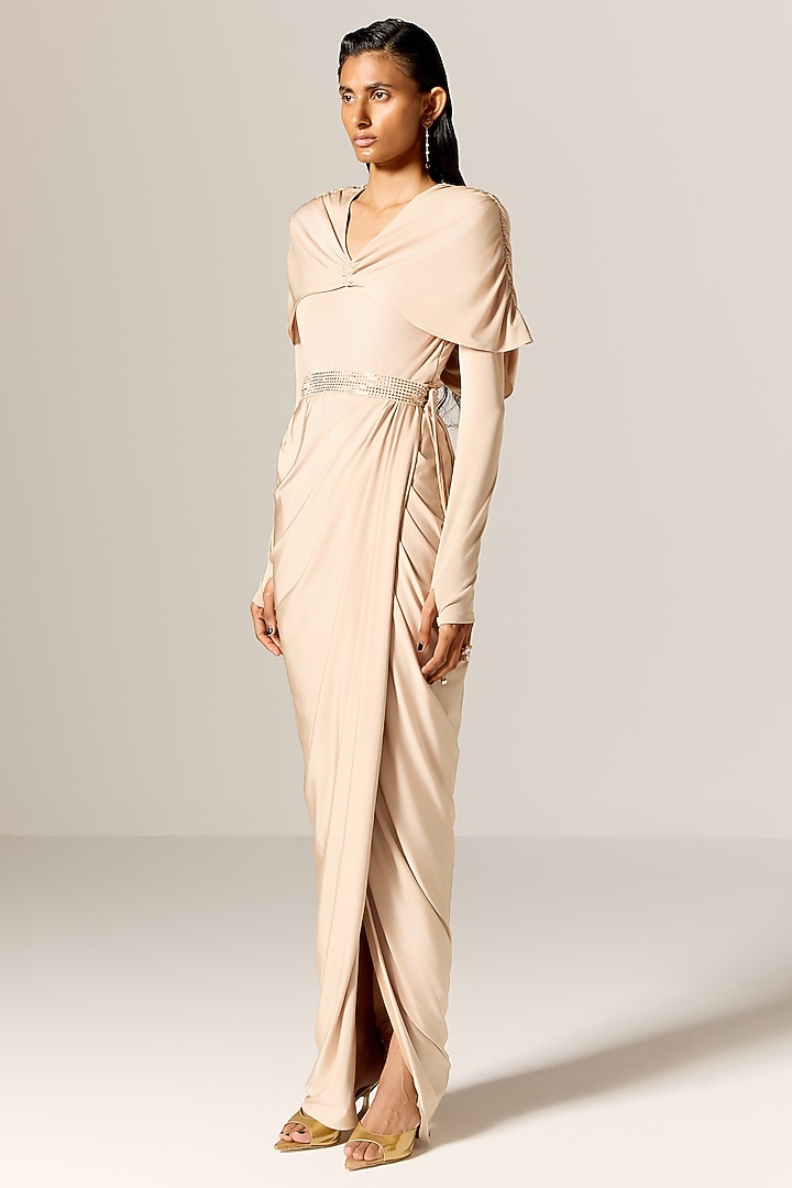 Pale Beige Butter Lycra Draped Cape Engagement Gown With Belt by Manika Nanda at Pernia's Pop Up Shop