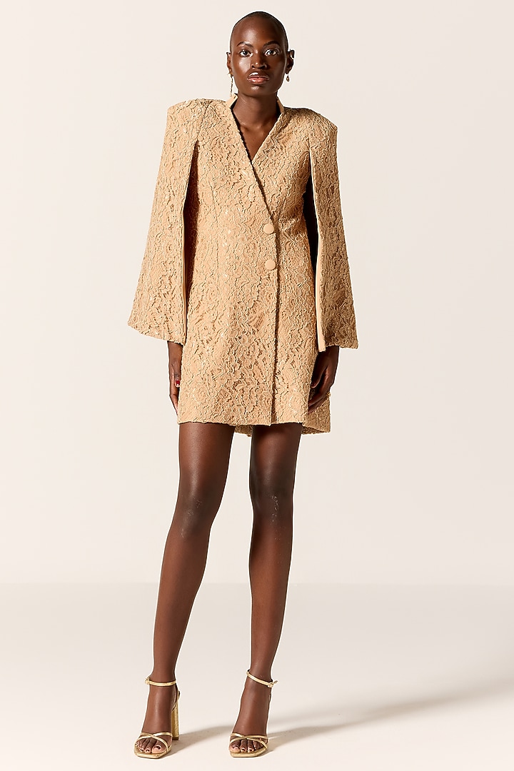 Camel Brown Chantilly Lace Blazer Vacation Dress by Manika Nanda at Pernia's Pop Up Shop