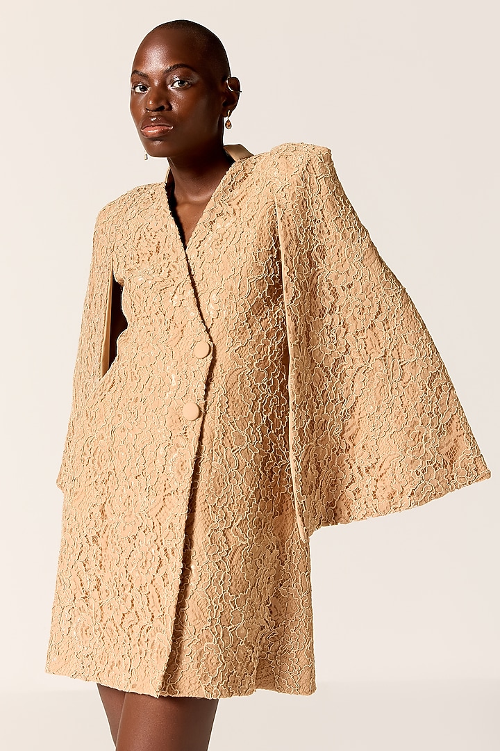 Camel Brown Chantilly Lace Blazer Vacation Dress by Manika Nanda at Pernia's Pop Up Shop