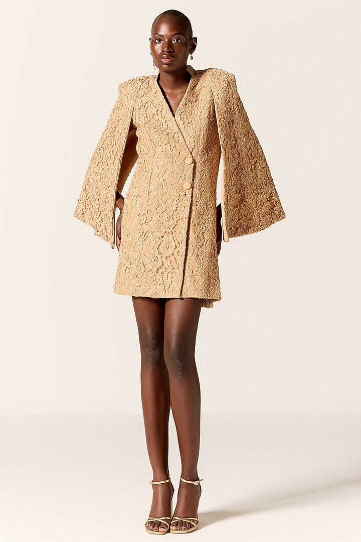 Camel Brown Chantilly Lace Blazer Vacation Dress by Manika Nanda at Pernia's Pop Up Shop