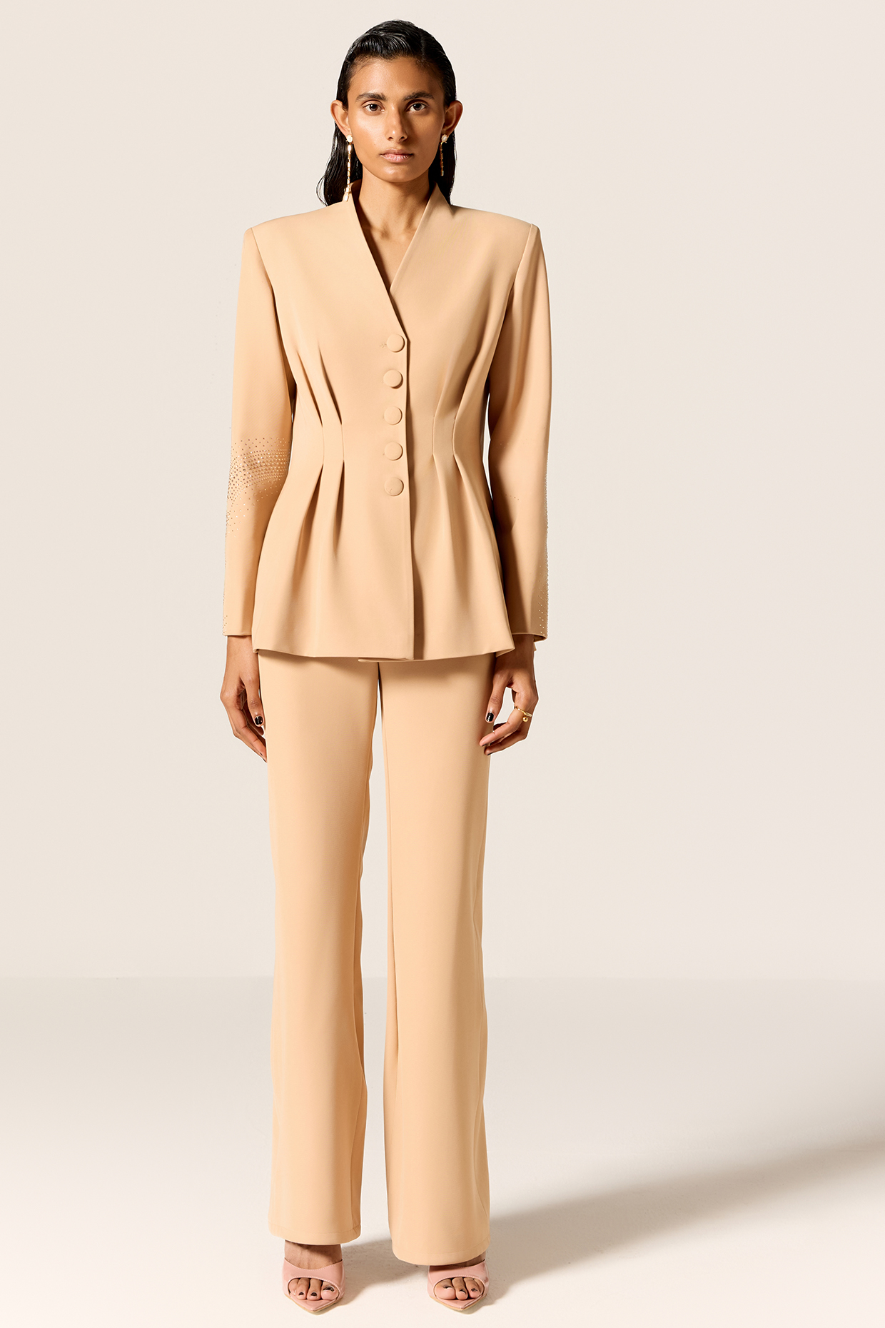 Camel Brown Crepe Twill Blazer Set by Manika Nanda at Pernia's Pop Up Shop