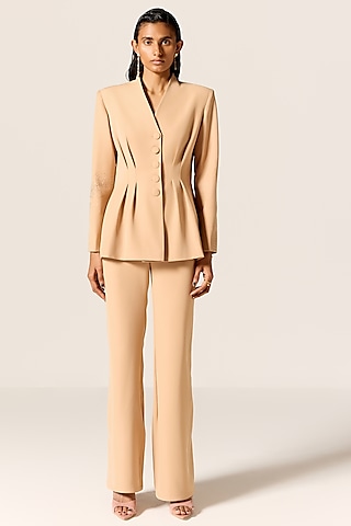 Camel Brown Crepe Twill Blazer Set by Manika Nanda