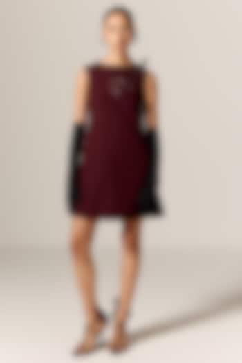 Dark Mahogany Crepe Spandex 3D Motif Embroidered Mini Shift Vacation Dress by Manika Nanda at Pernia's Pop Up Shop