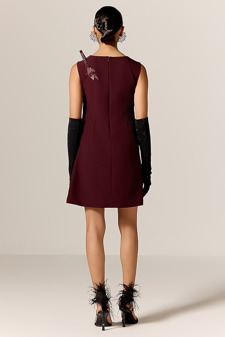 Dark Mahogany Crepe Spandex 3D Motif Embroidered Mini Shift Vacation Dress by Manika Nanda at Pernia's Pop Up Shop