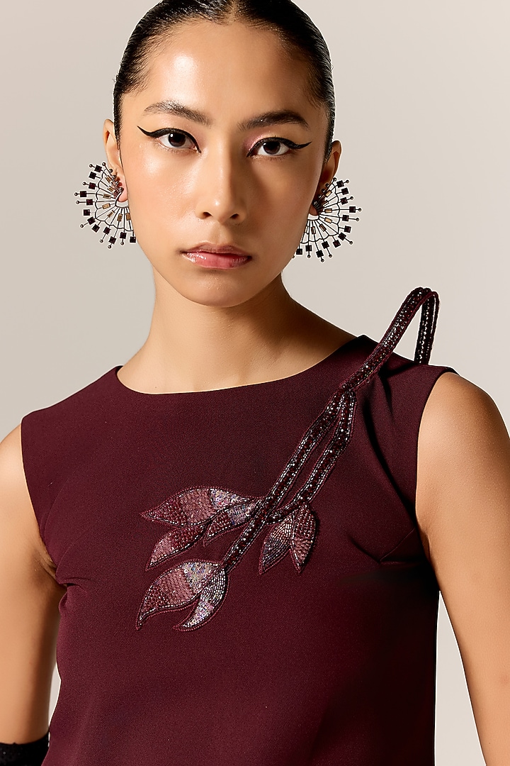 Dark Mahogany Crepe Spandex 3D Motif Embroidered Mini Shift Vacation Dress by Manika Nanda at Pernia's Pop Up Shop