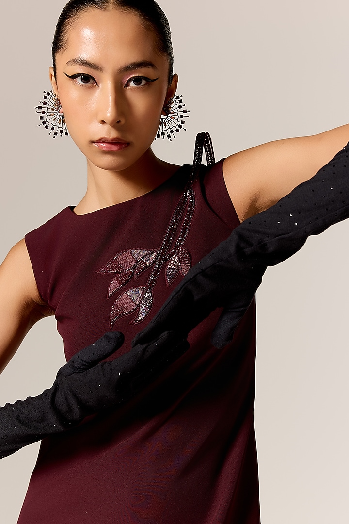 Dark Mahogany Crepe Spandex 3D Motif Embroidered Mini Shift Vacation Dress by Manika Nanda at Pernia's Pop Up Shop